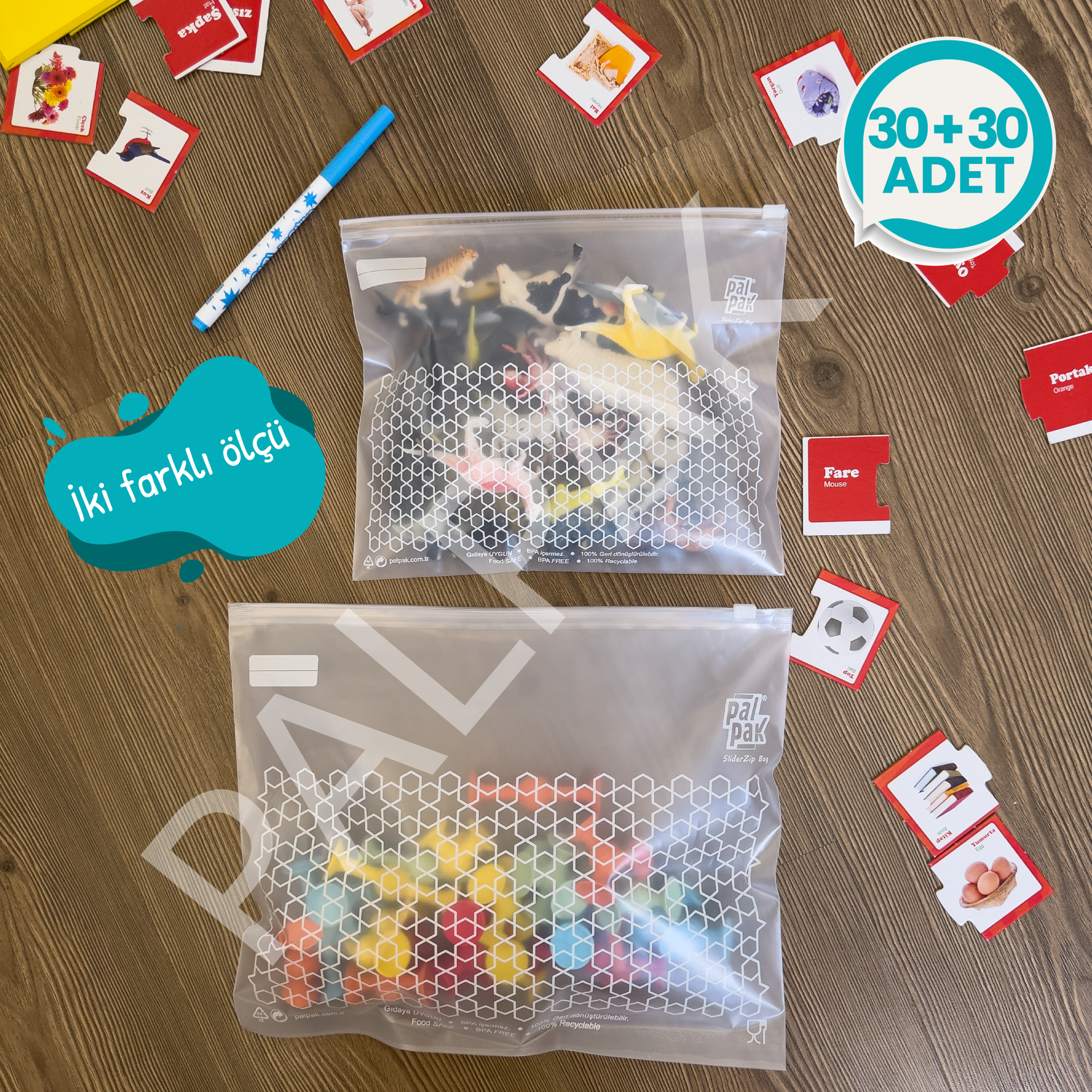 2 Boy Çok Amaçlı Kullanılabilir Fermuarlı Poşet / 30 Küçük - 30 Orta Boy