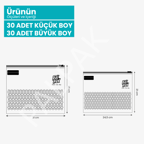 2 Boy Çok Amaçlı Kullanılabilir Fermuarlı Poşet / 30 Küçük - 30 Orta Boy