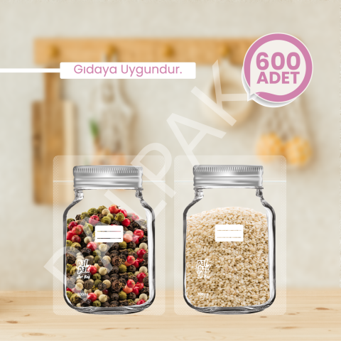 Kavanoz Görünümlü Saklama Poşeti,  Mini Boy Gümüş Kapaklı 600