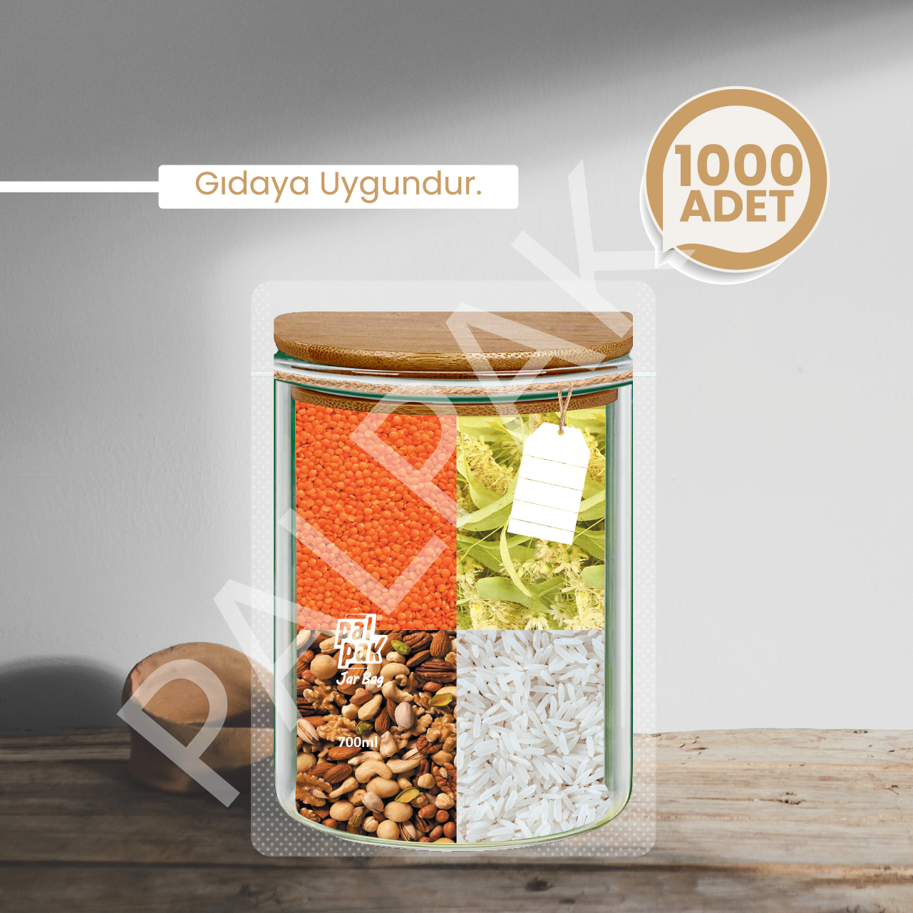 Kavanoz Görünümlü Kilitli Poşet, Ahşap Kapaklı 1000