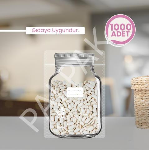 Kavanoz Görünümlü Kilitli Poşet, Büyük Boy Gümüş Kapaklı 1000