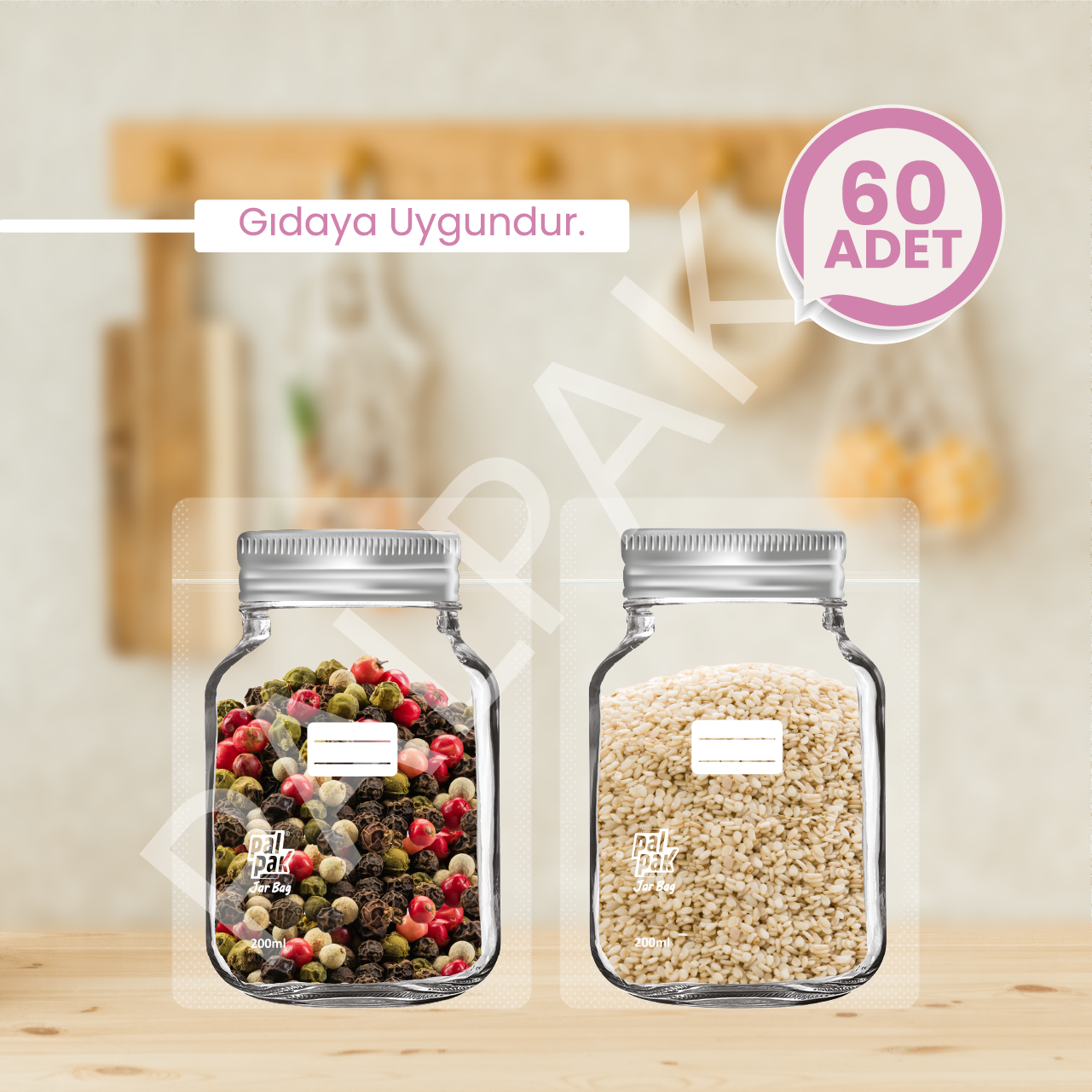 Kavanoz Görünümlü Saklama Poşeti,  Mini Boy Gümüş Kapaklı 60