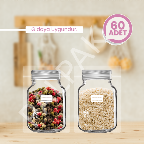 Kavanoz Görünümlü Saklama Poşeti,  Mini Boy Gümüş Kapaklı 60