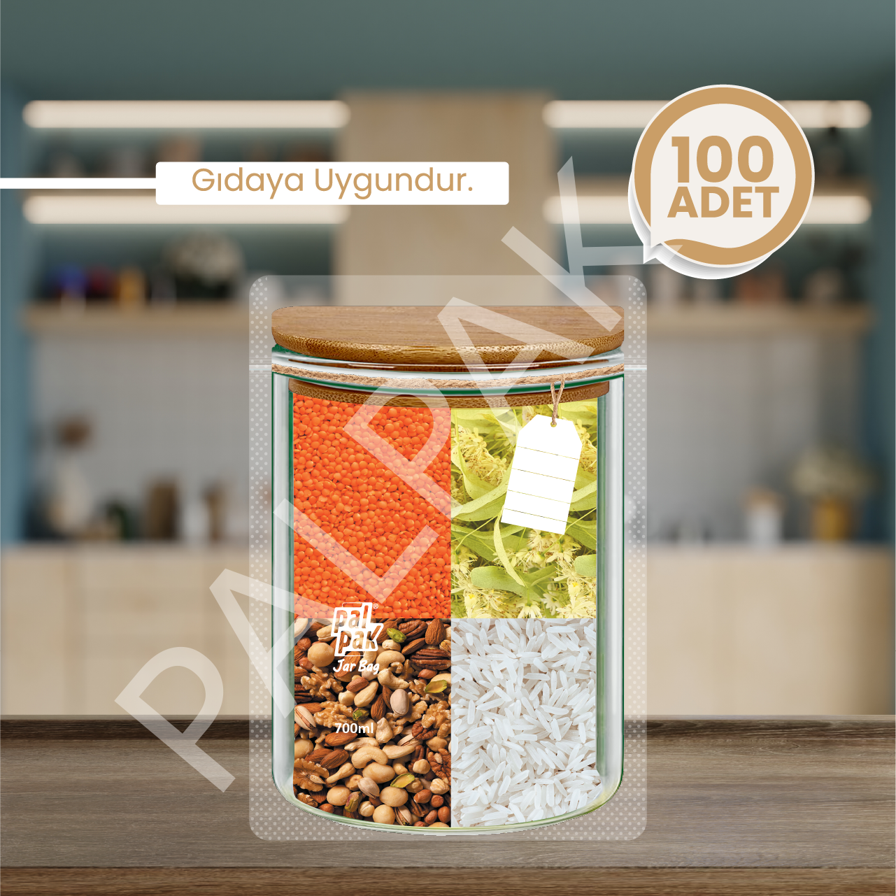Kavanoz Görünümlü Kilitli Poşet, Ahşap Kapaklı 100