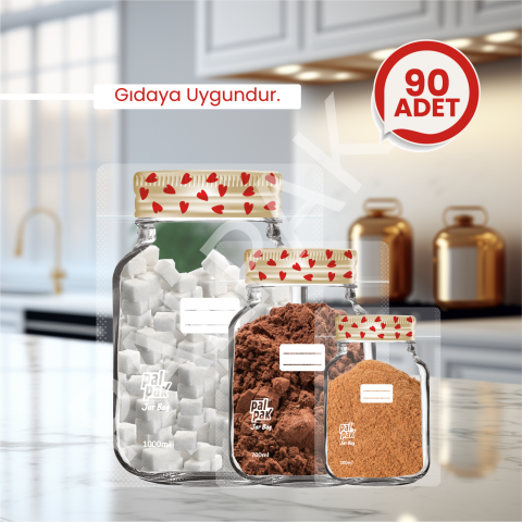 Kalp Desenli Kavanoz Görünümlü Saklama Poşeti 90