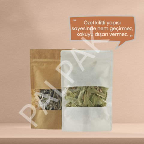 Pencereli Kraft Doypack, Kilitli Valfli Beyaz Kahve Torbası