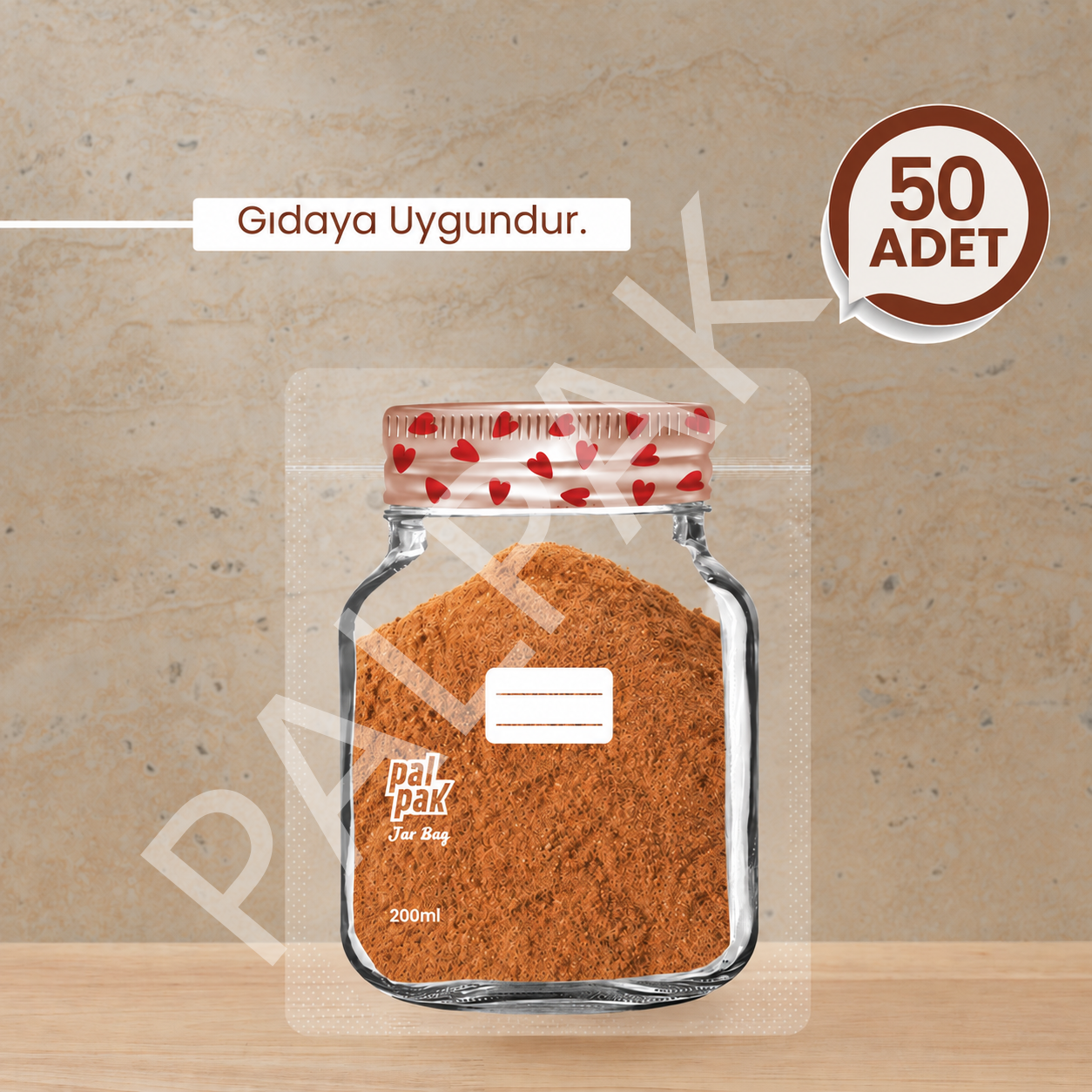 Kalp Desenli Mini Boy Kavanoz Görünümlü Kilitli Doypack Saklama Poşeti (200 ml-11x15 Cm) 50 Adet