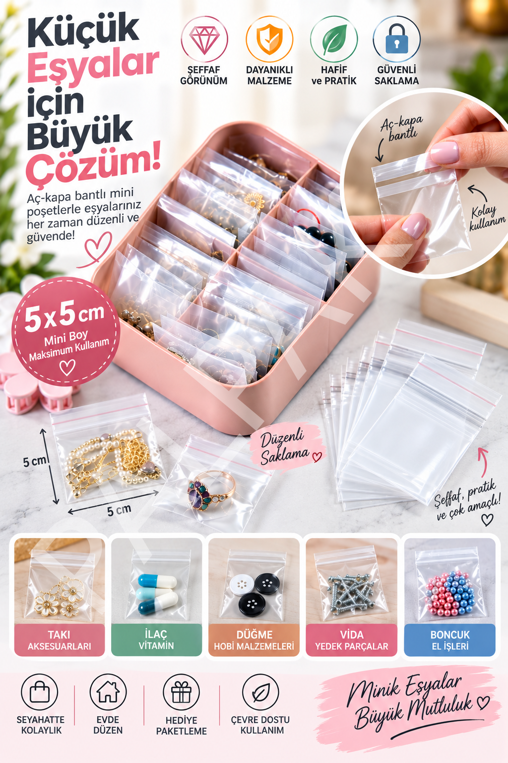 5x5 cm Aç-Kapa Bantlı Mini Şeffaf Poşet  1000 Adet