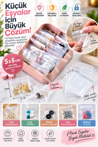 5x5 cm Aç-Kapa Bantlı Mini Şeffaf Poşet  1000 Adet
