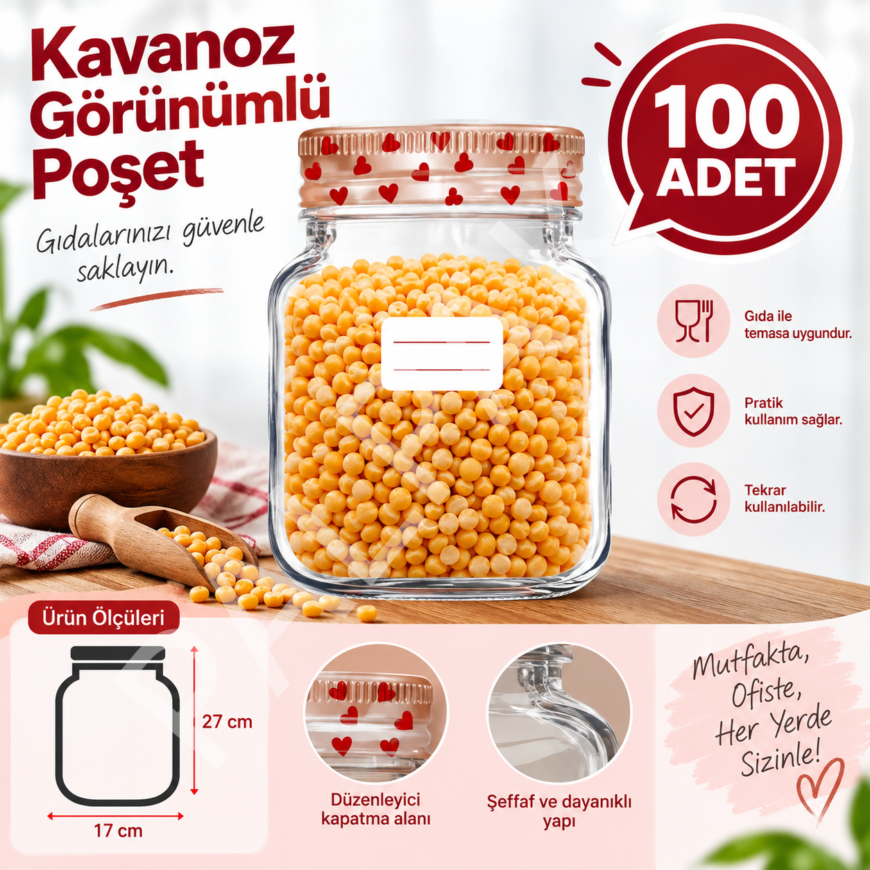 Kalp Desenli Büyük Boy Kavanoz Görünümlü Kilitli Doypack Saklama Poşeti (17x27Cm - 1000ml) 100 Adet
