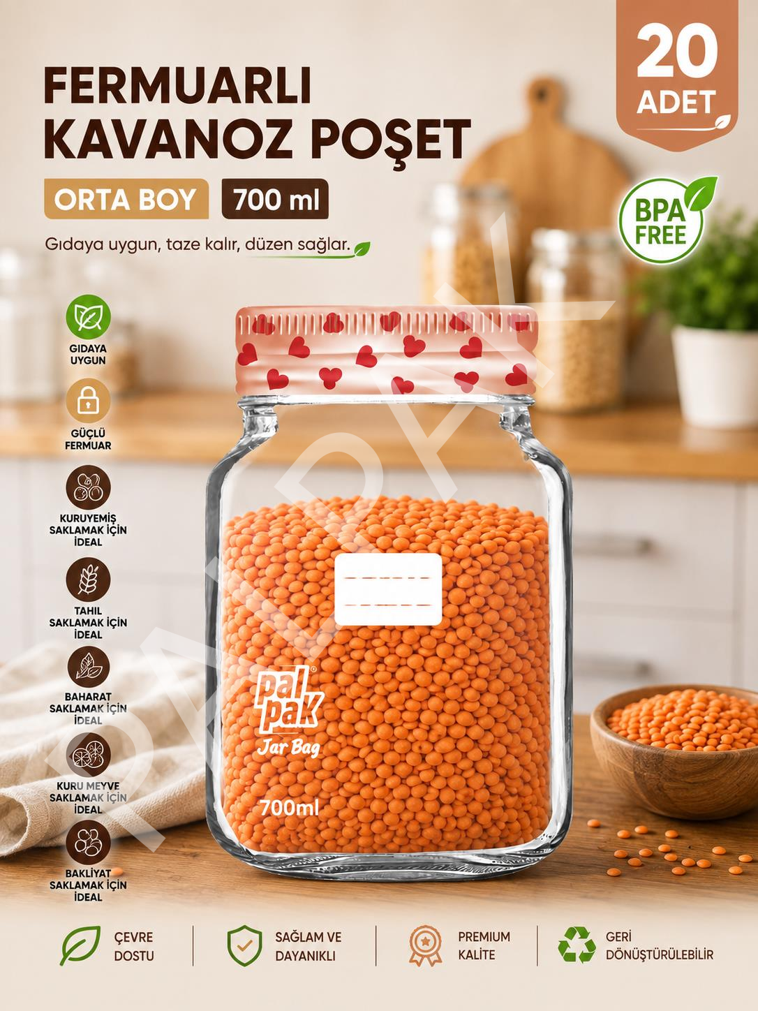 Kalp Desenli Kavanoz Görünümlü Saklama Poşeti (15x22 Cm - 700 ml ) 20 Adet