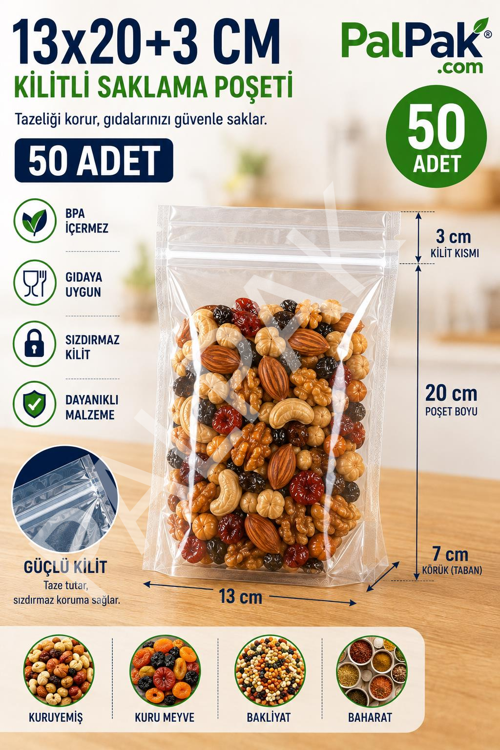 Şeffaf Kilitli Doypack Ambalaj (13X20+3) 250 Gr 50 Adet