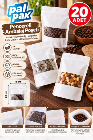Pencereli Kilitli Poşet – Kahve, Kuruyemiş ve Gıda Ambalajı (13x20 Cm) 20 Adet
