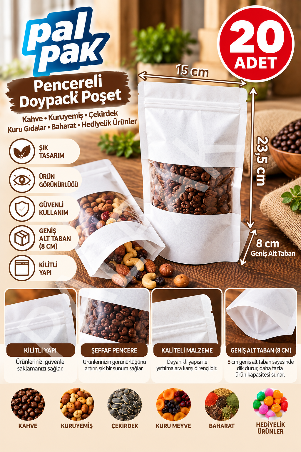 Pencereli Kilitli Poşet – Kahve, Kuruyemiş ve Gıda Ambalajı (15x23,5+8 Cm) 20 Adet