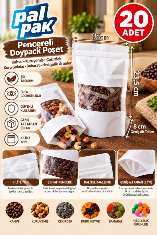 Pencereli Kilitli Poşet – Kahve, Kuruyemiş ve Gıda Ambalajı (15x23,5+8 Cm) 20 Adet