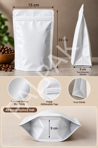 Mat Beyaz Doypack Ambalaj Poşeti (15x23 Cm) 100 Adet