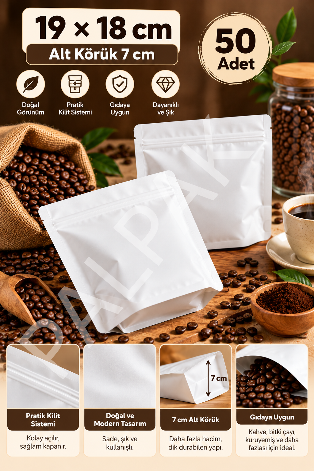 Beyaz Kilitli Doypack Ambalaj Poşeti - Alt Körüklü (19x18 Cm) 50 Adet