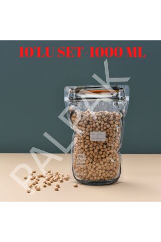 Klips Desenli Büyük Boy Kavanoz Görünümlü Kilitli Doypack Saklama Poşeti 10 Adet (17x27Cm - 1000ml)