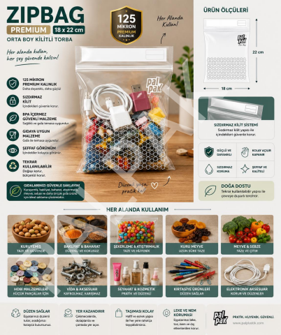 Zip Bag Premium Kilitli Çok Amaçlı Poşet 20 Adet (18x22 Cm)