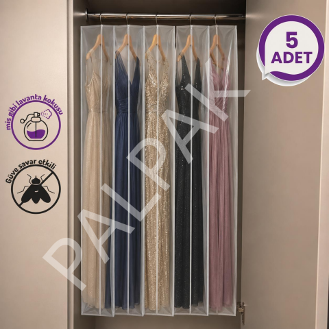 Güve Savar Etkili, Lavanta Kokulu Uzun Elbise Koruma Poşeti- 5 Adet (65x150 Cm)
