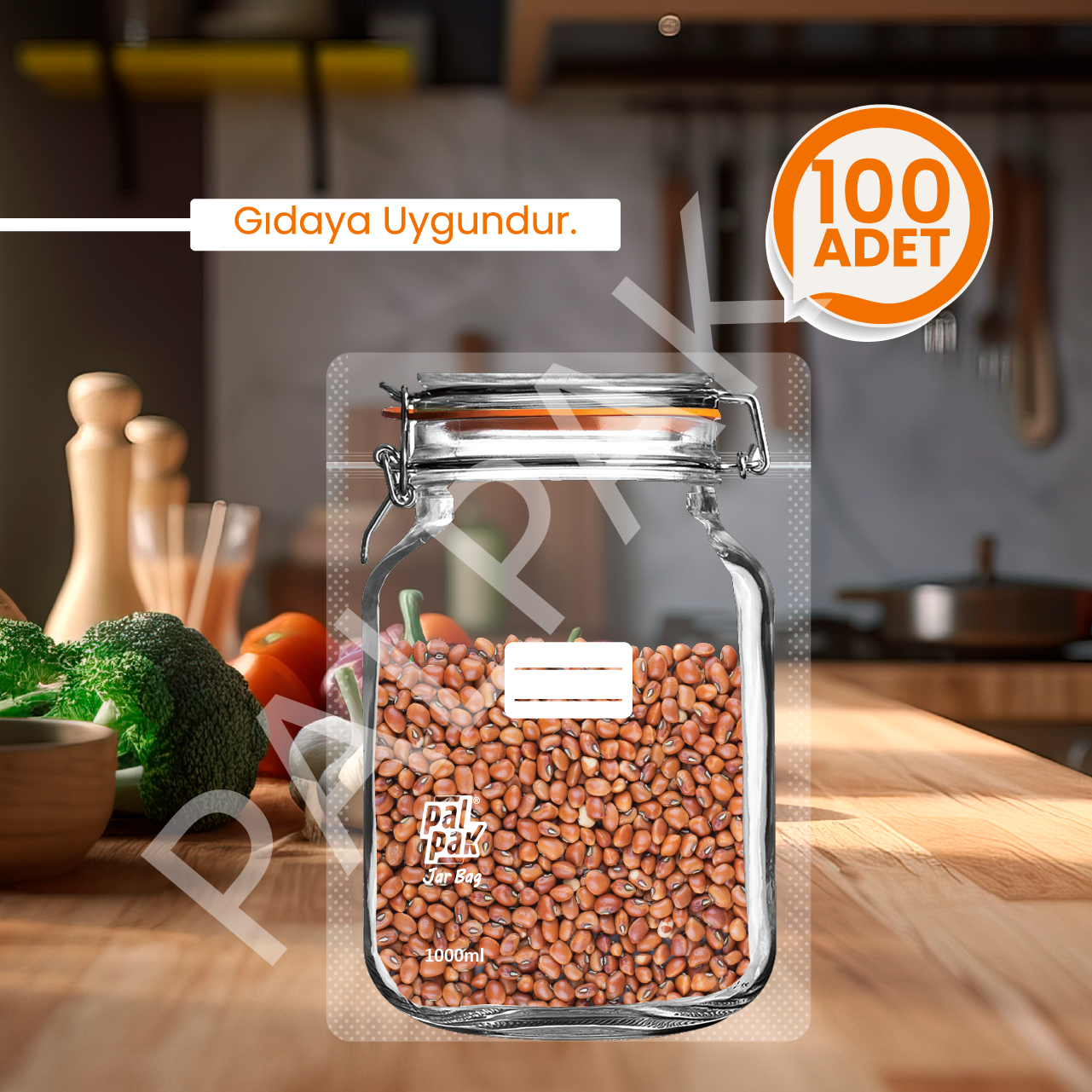 Klips Desenli Büyük Boy Kavanoz Görünümlü Kilitli Doypack Saklama Poşeti (17x27Cm - 1000ml) 100 Adet