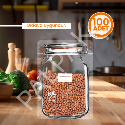 Klips Desenli Büyük Boy Kavanoz Görünümlü Kilitli Doypack Saklama Poşeti (17x27Cm - 1000ml) 100 Adet
