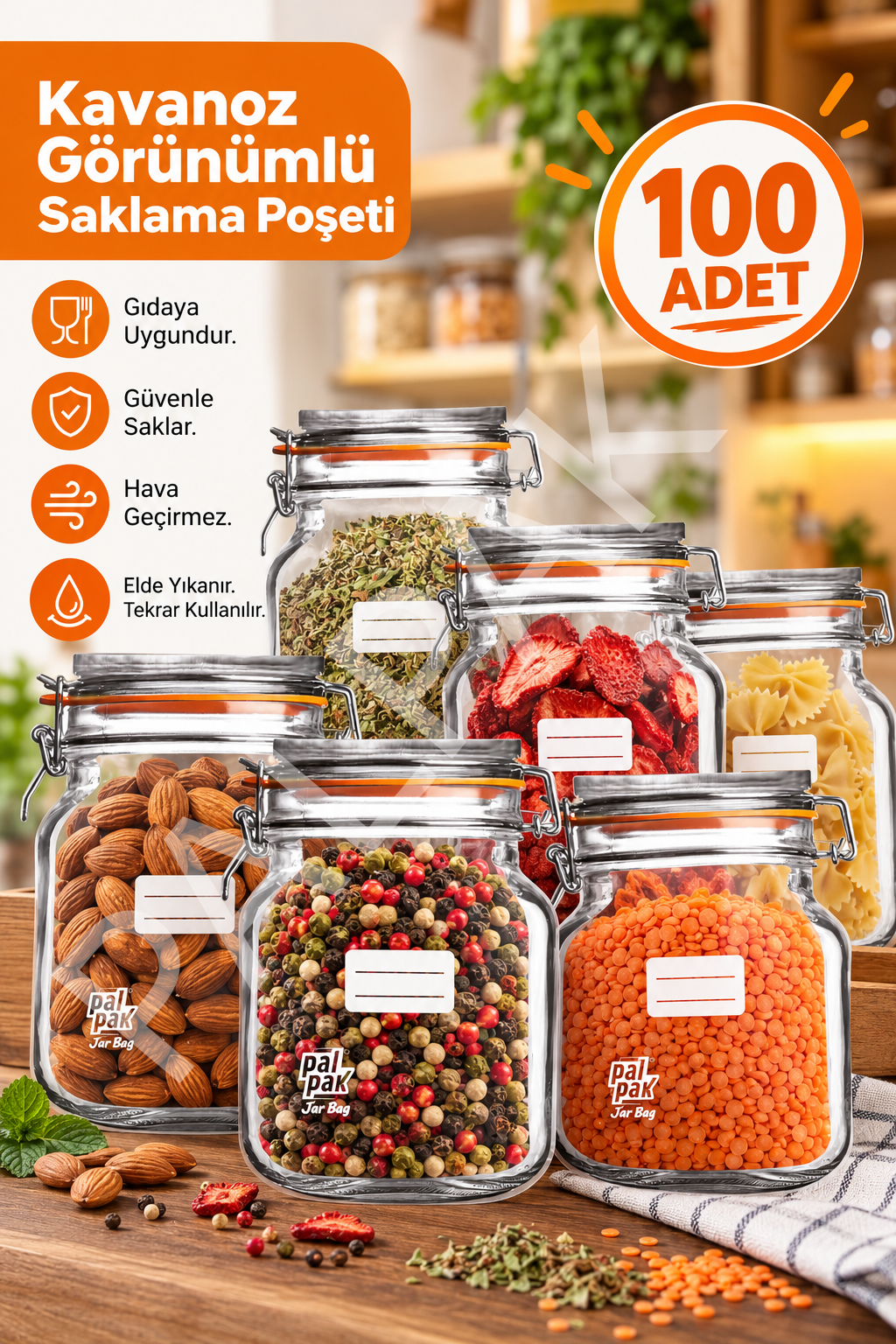 Klips Desenli Mini Boy Kavanoz Görünümlü Kilitli Doypack Saklama Poşeti (11x15 Cm - 200 ml) 50 Adet