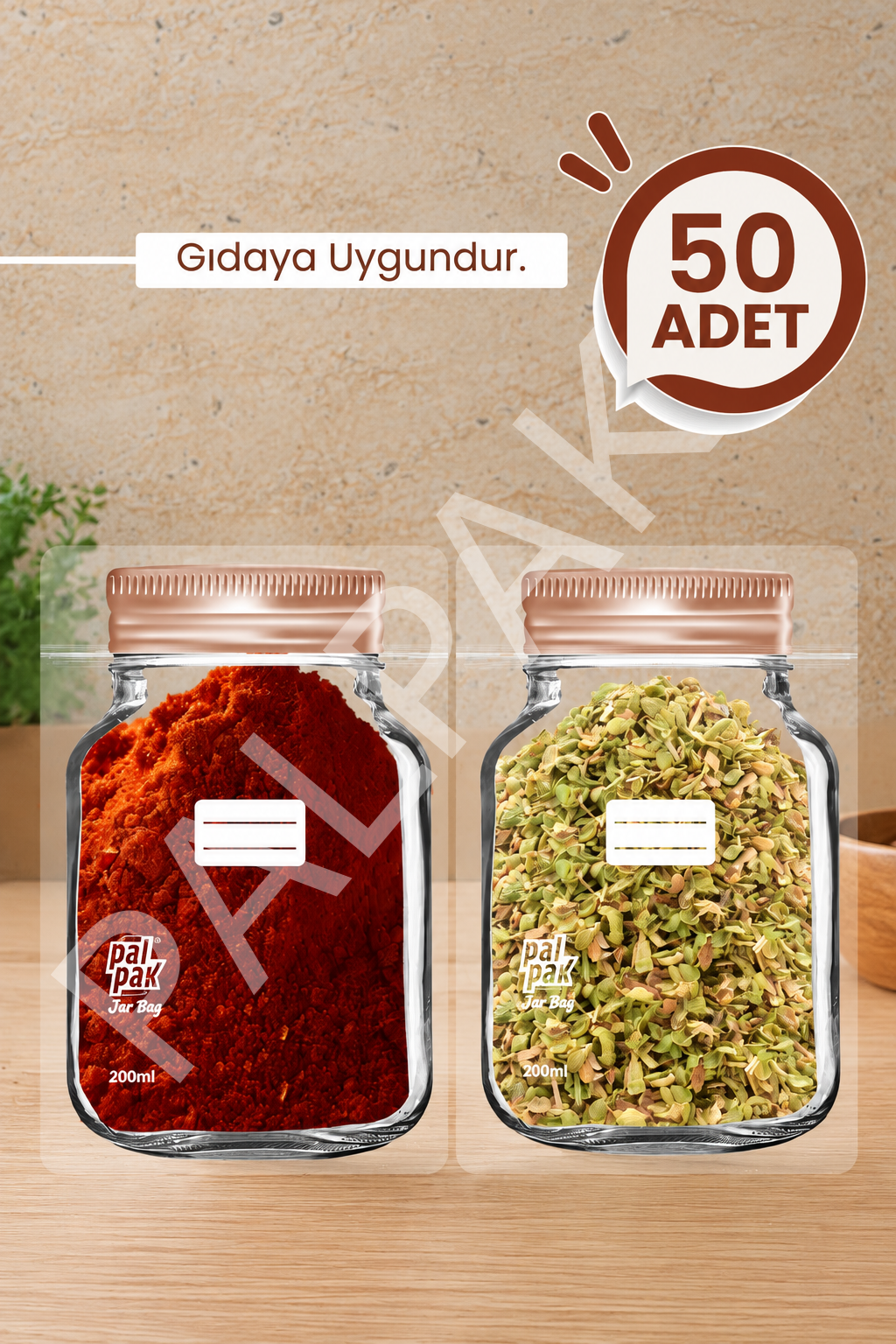 Bakır Desenli Mini Boy Kavanoz Görünümlü Kilitli Doypack Saklama Poşeti (11x15 cm - 200 ml)