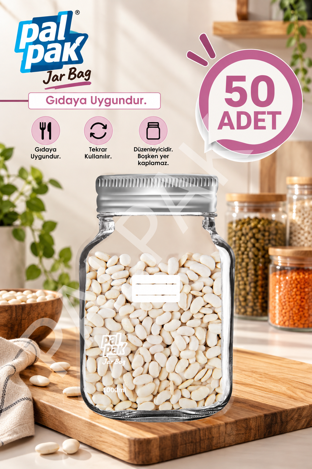 Büyük Boy Gümüş Metal Kapaklı Kavanoz Görünümlü Saklama Poşeti (17x27 cm-1000 Ml ) 50 Adet