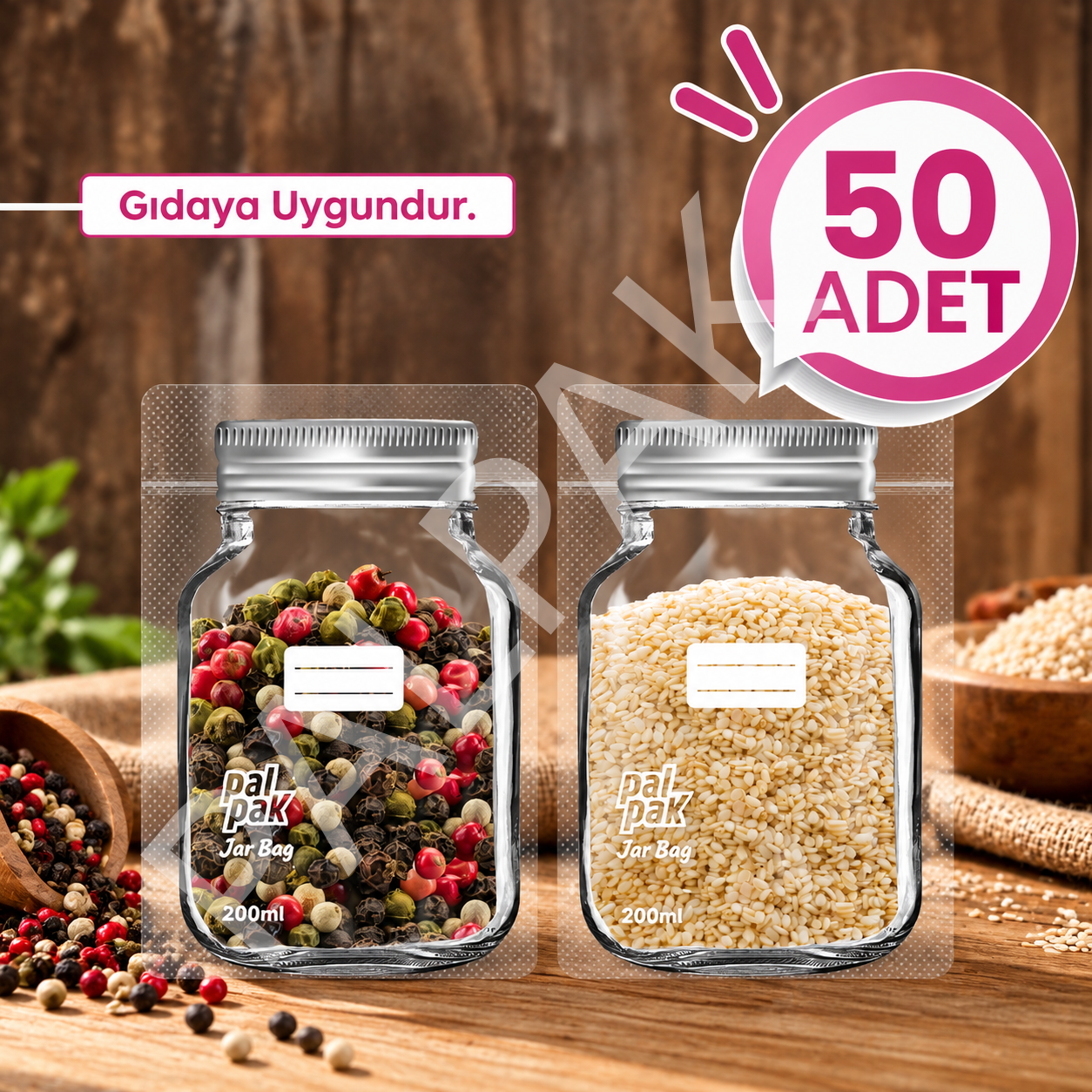 Gümüş Desenli Mini Boy Kavanoz Görünümlü Kilitli Doypack Saklama Poşeti (11x15 cm - 200 ml) 50 Adet